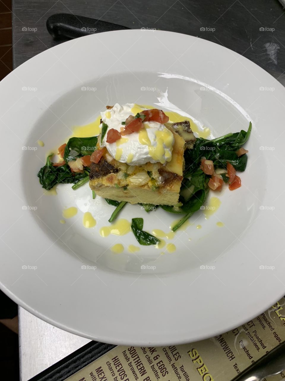 Strata with sour cream spinach and hollandaise. 