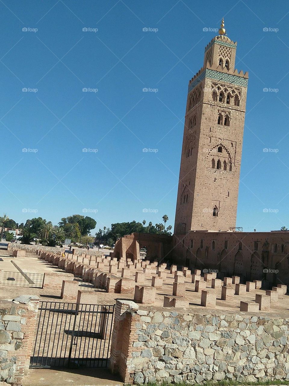 Famous Kotoubia tower mosque at marrakech city in Morocco.