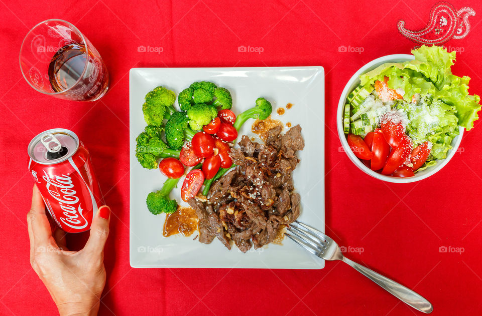 Healthy home meal and Coca Cola 