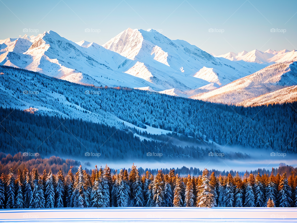 Winter forest on the backgroun of mountains
