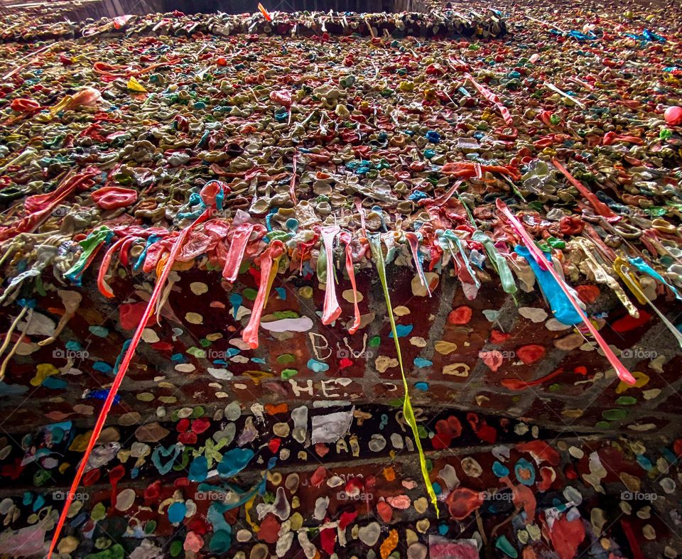 Stretchy stringy chewed bubblegum decorating the infamous and somewhat unhygienic Gum Wall in Seattle’s Pike Place Market, a rather off-beat local attraction