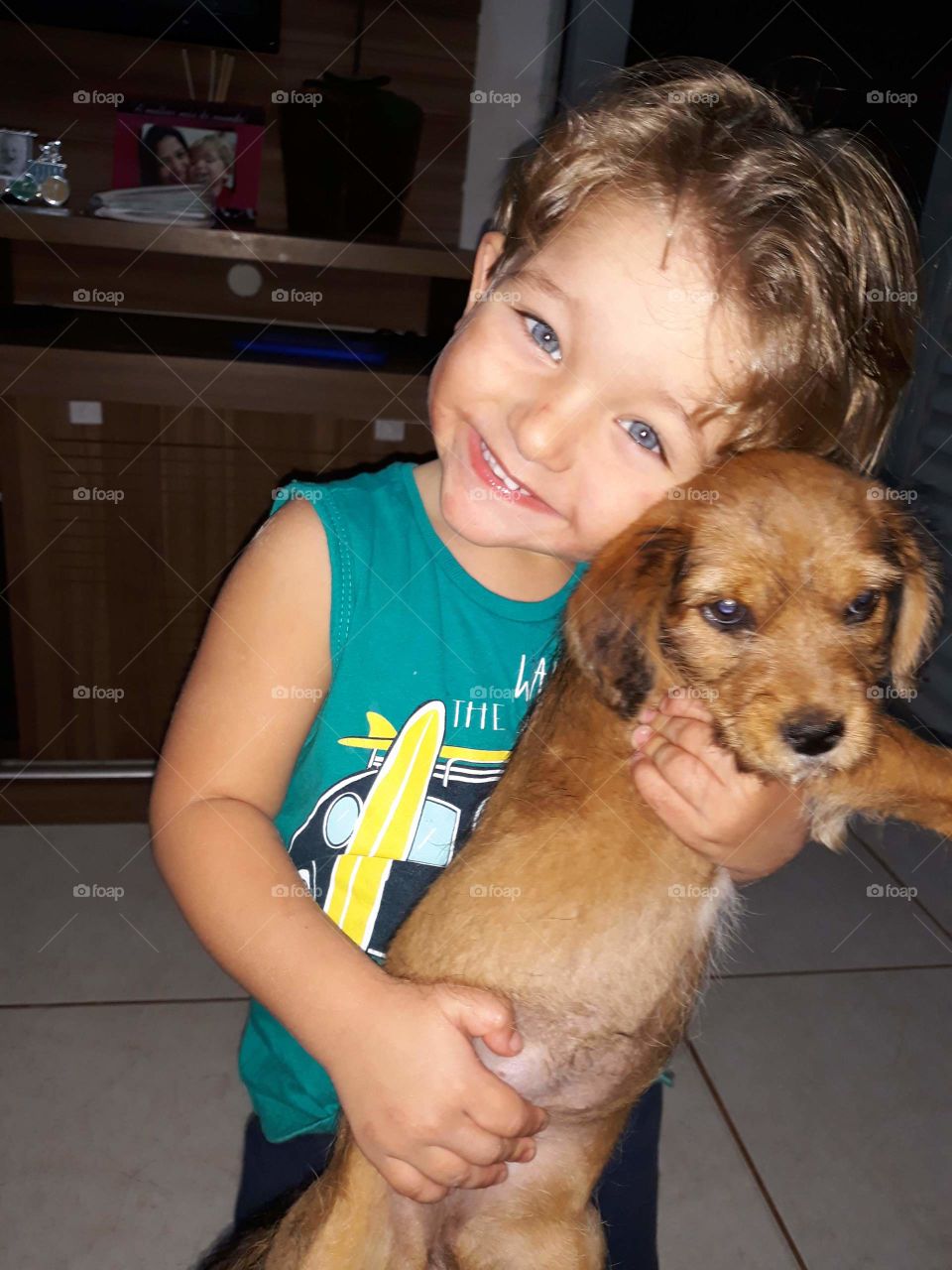 cheerful child playing with the dog