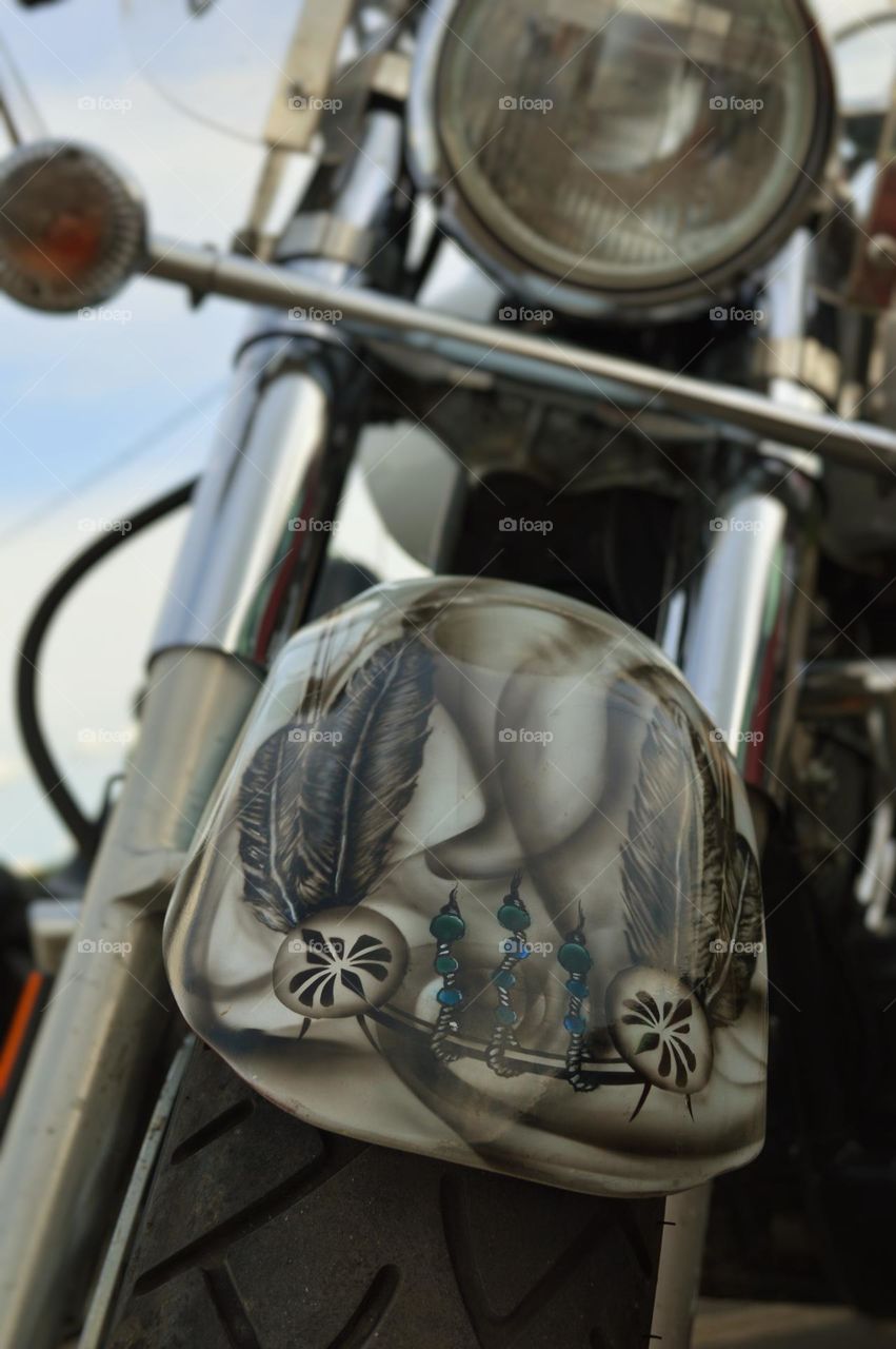 the front of the motorcycle with airbrushing on the front fender