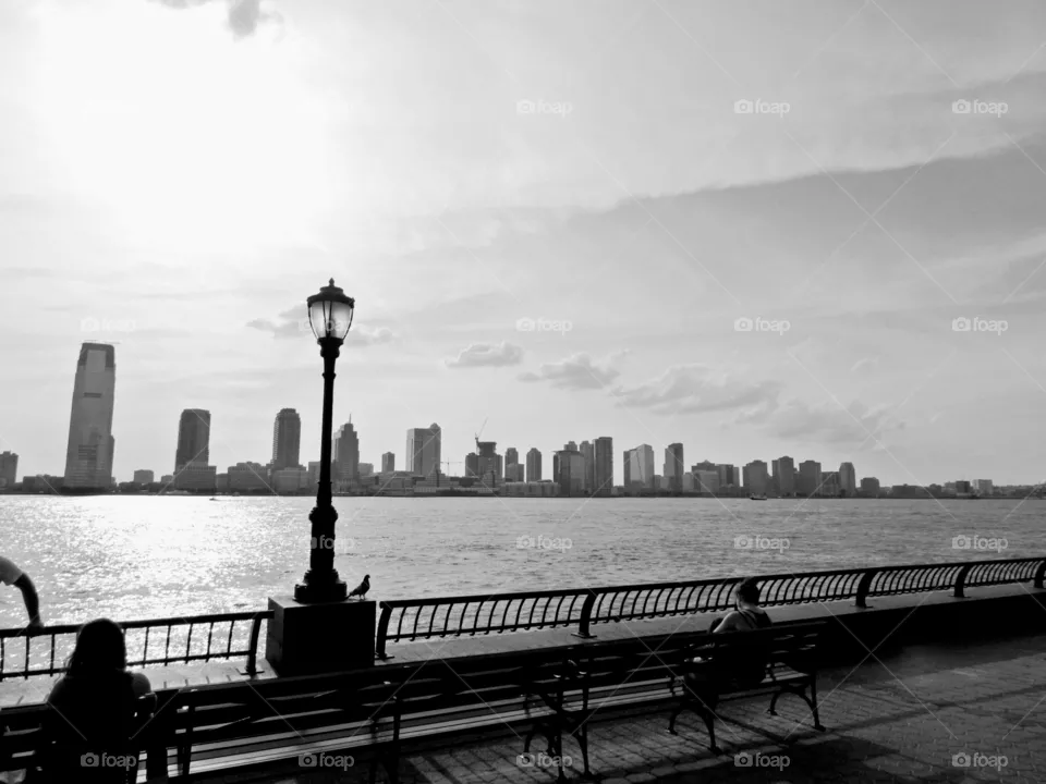 Monochromatic landscape. Peaceful afternoon over river coast.