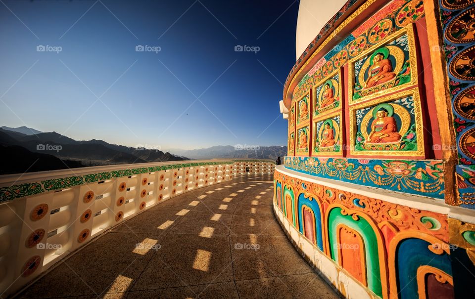 bright sunlight falling over Buddhist temple