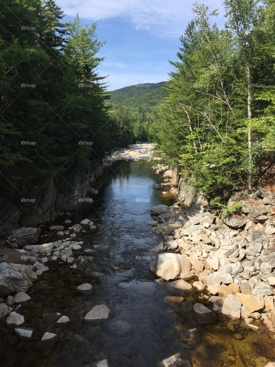 Rock lined mountain stream in white mountains of New Hampshire