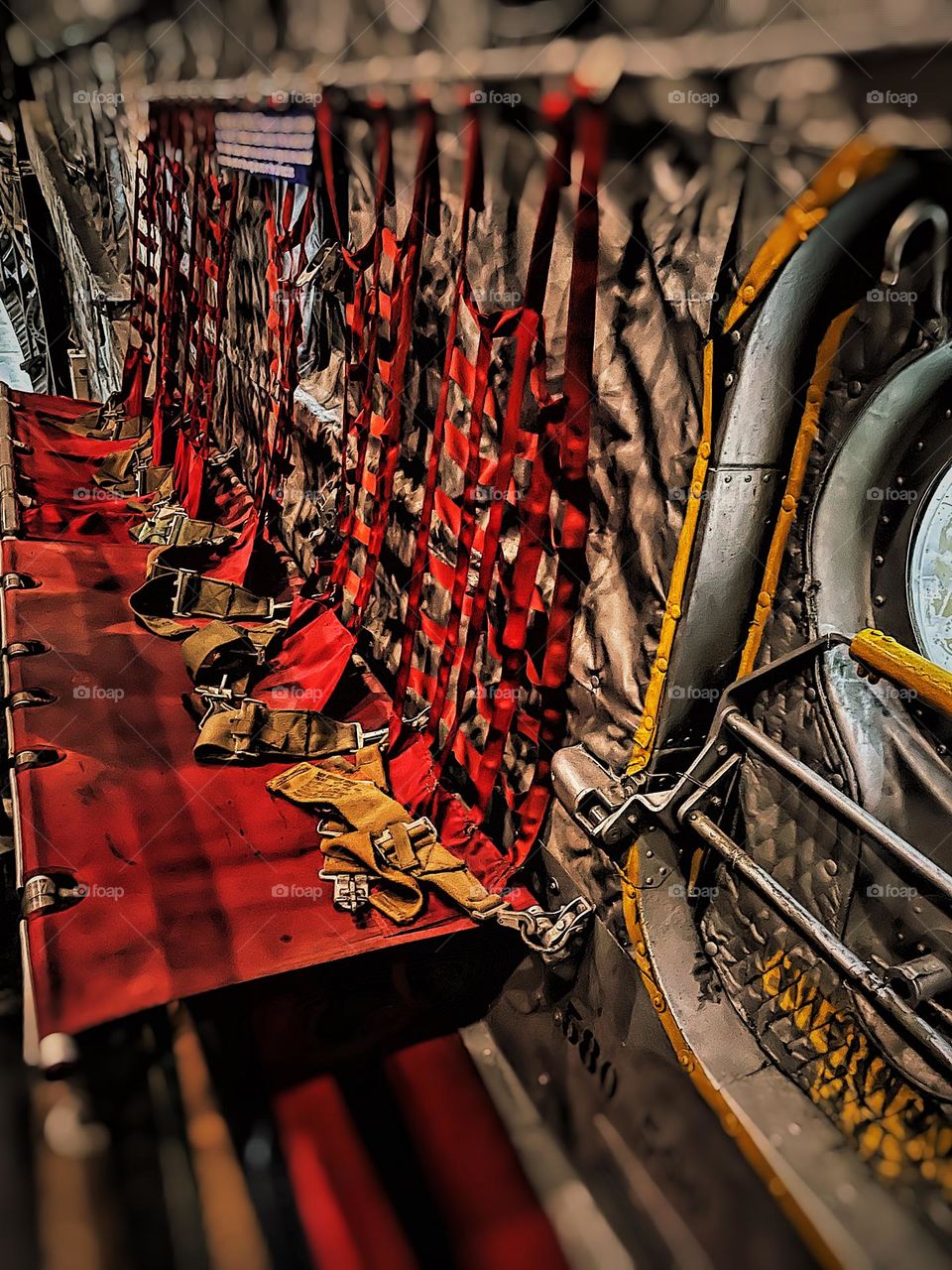 Seats inside a cargo plane, seating inside an aircraft, cargo planes for rescue missions, USAF aircraft interiors, safety equipment inside planes