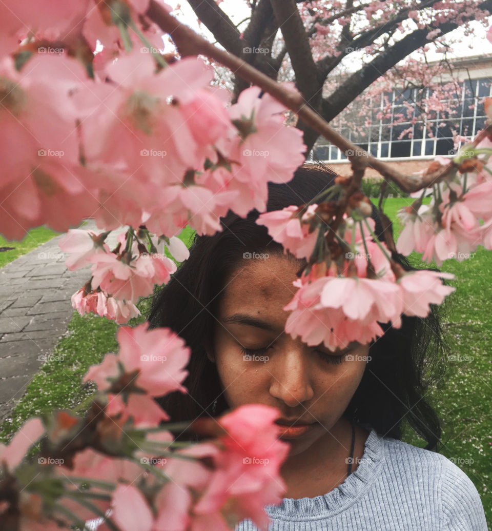 Cherry Blossoms: a model stands behind the flowers with her eyes closed. 