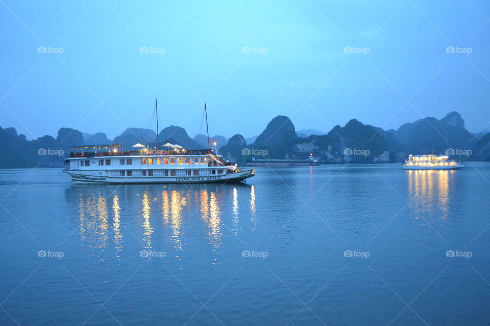 Halong Bay. sunset during an overnight cruise at Halong Bay
