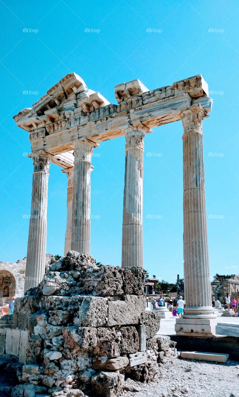 Ancient temple ruins in Side, Turkey, and Bright clear sky