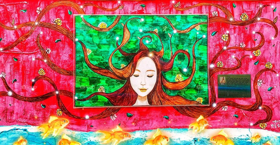 Beautiful drawing of Medusa by ROSA at Jaman mural village in South Korea, Asia. Snapped and edited by CHERECHI.