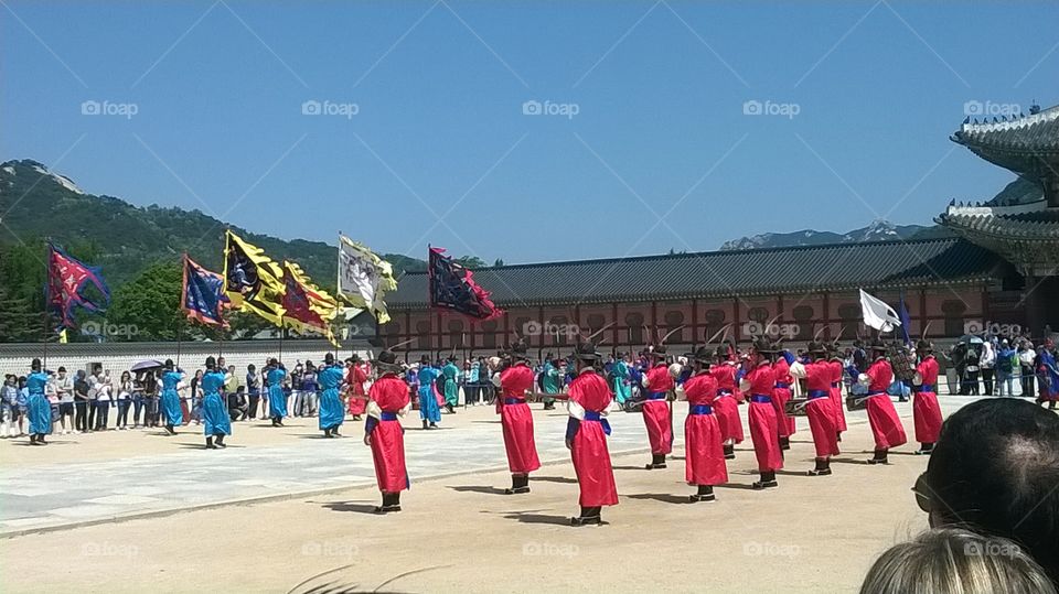 Gueongbokgung Palace, Seoul, South Korea. Changing of the guards ceremony. 