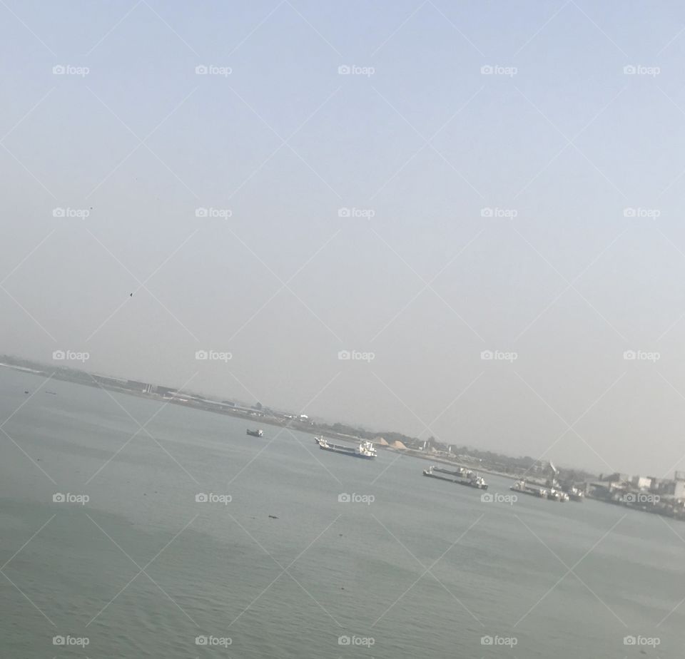 Bangladesh winter morning meghna  river with ships 