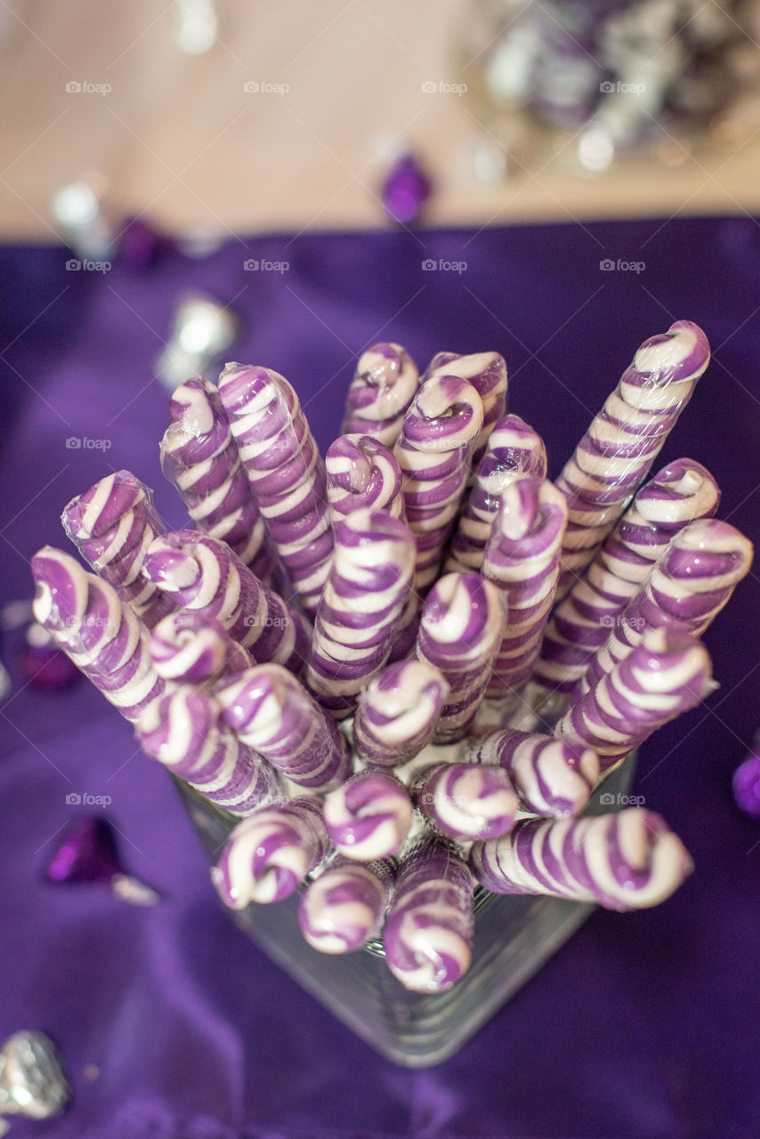 Grape Candy Swirl Lollipops in Candy Jar Top Fan View