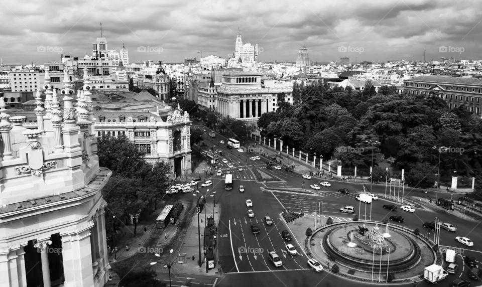 Aerial view of La Cibeles square in Madrid 