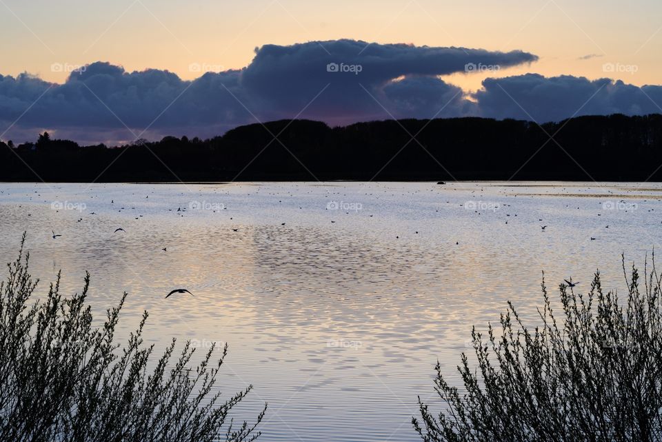 Sunset at Mosvatnet,Stavanger, Norway . View of Lake Mosvatnet at sunset with dramatic clouds in the background 