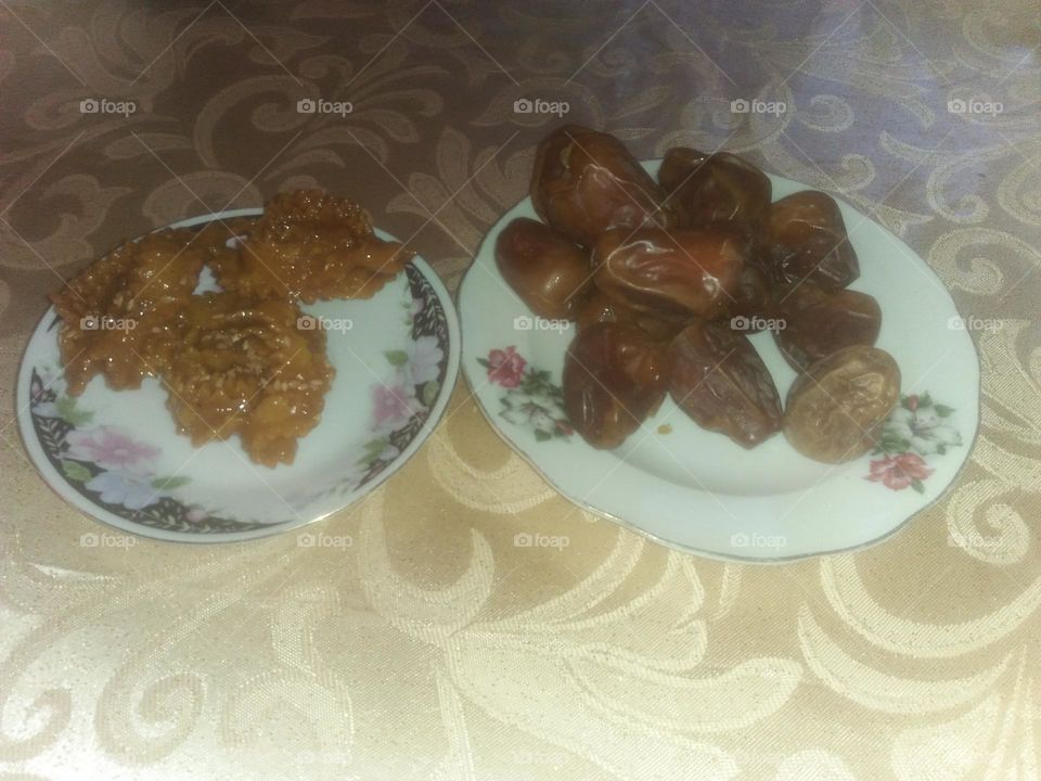 Moroccan table in Ramadan month  of fasting:  bowls and dates