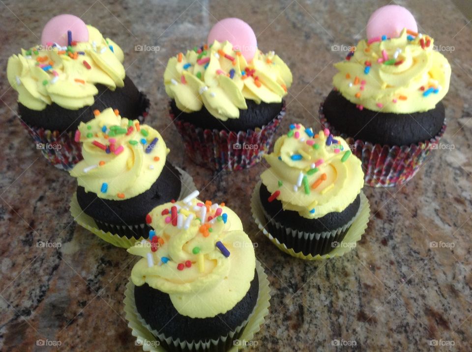 Chocolate mini cupcakes with rainbow colored sprinkles.