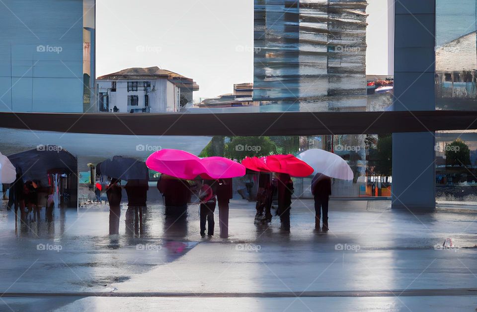 Red and white umbrellas