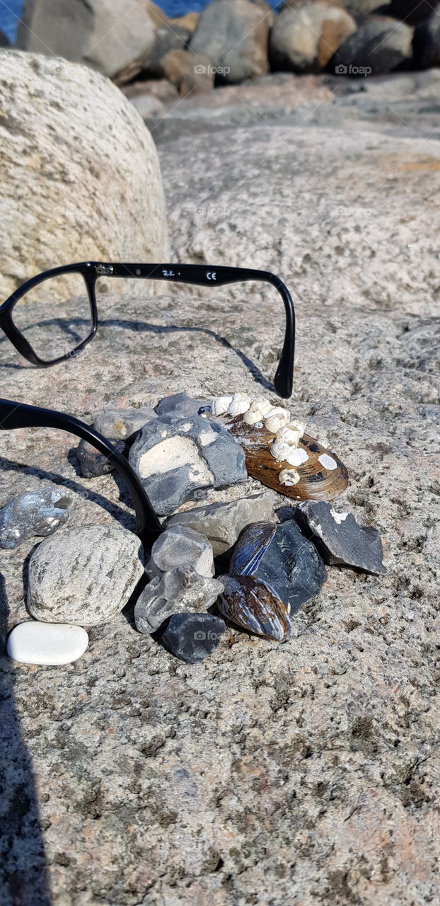 rocks, seashells and glasses
