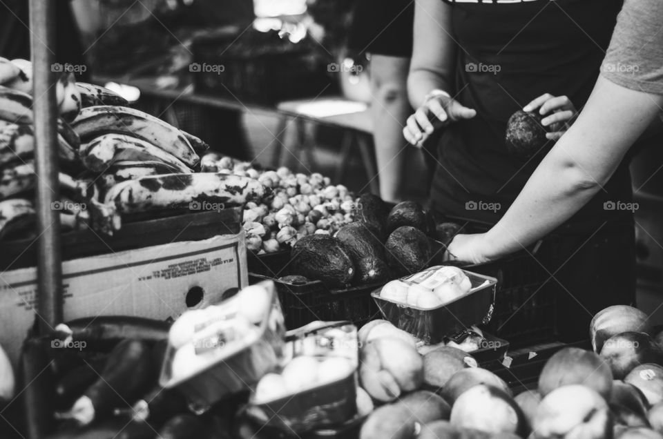 Monday market in La Misión, Mexico, in black and white 