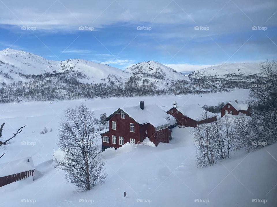 Red cabins buried in flurry, Norway