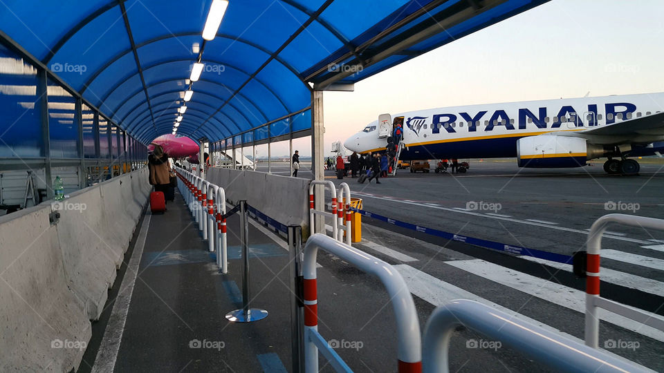 Boarding an Italian Ryanair flight at Ciampino G. B. Pastime airport Rome: walk to the plane.