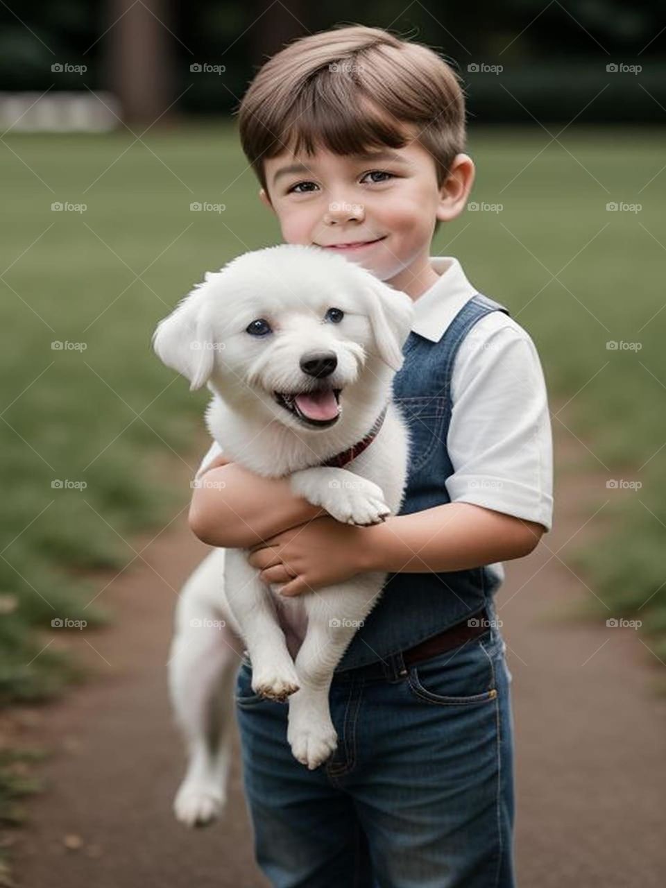 Cute baby holding a beautiful white dog