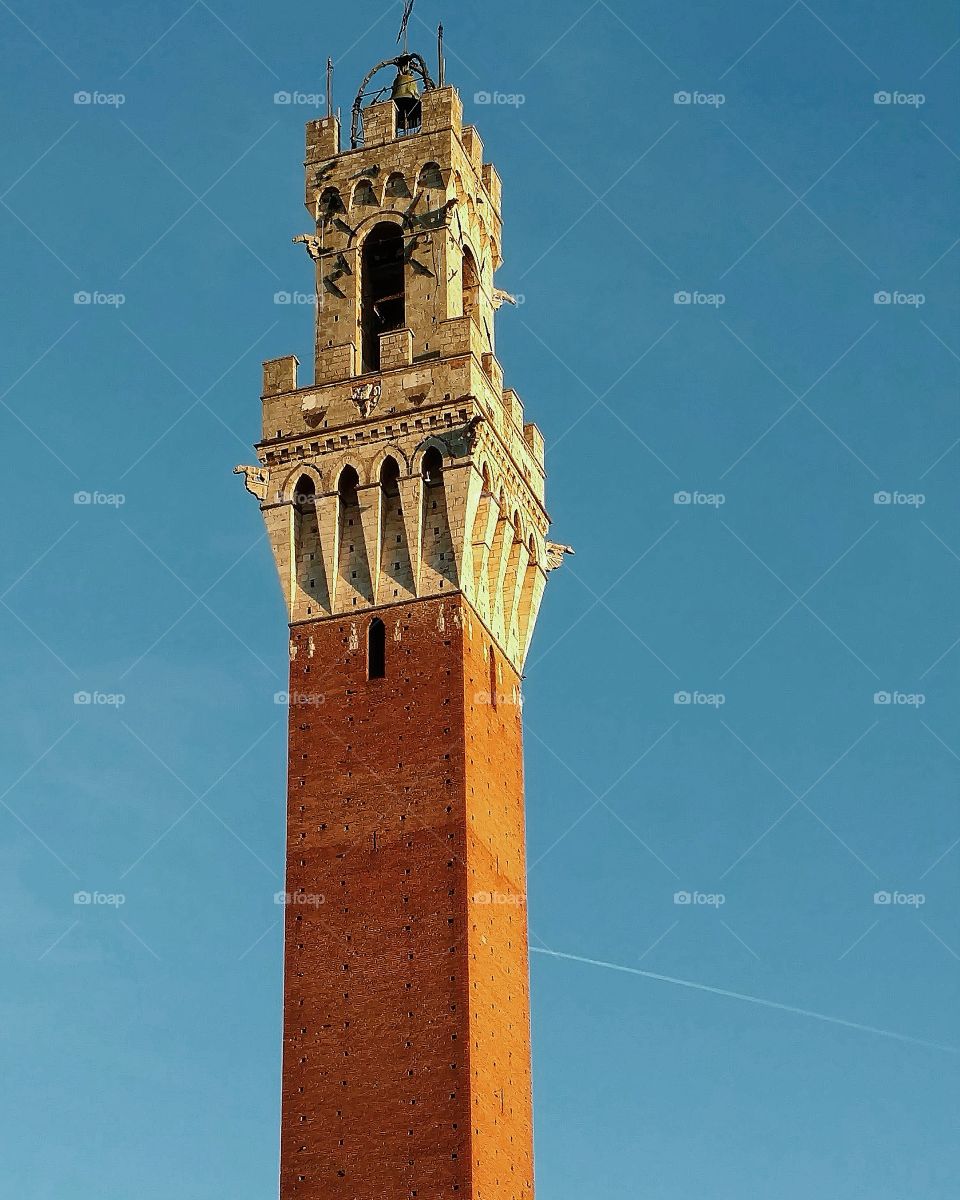 A plane flies past the Torre del Mangia of Siena, Italy