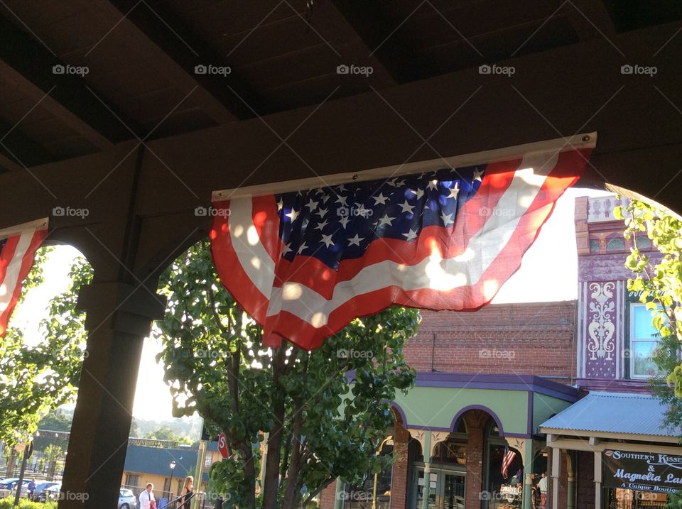 Historic Old Folsom, California. Patriotic USA bunting flag 