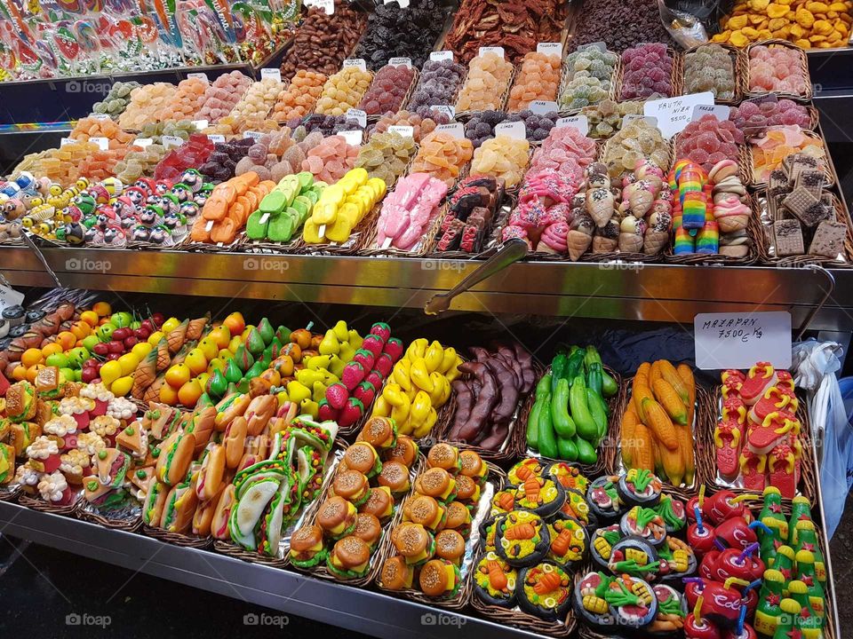 barcelona food market very colourful sweets made from almond paste