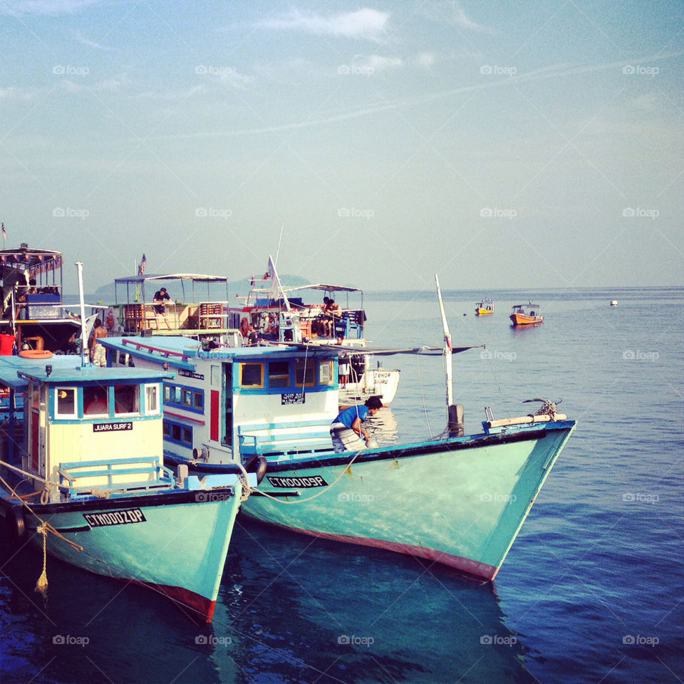 blue boats vacation sea by kerubin