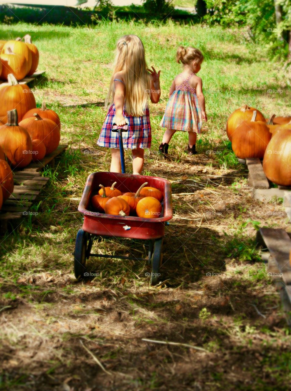 Autumn is here! Two little girls and a wagon full of pumpkins