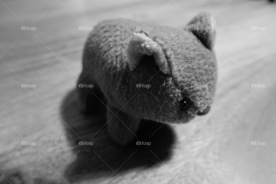 A small wombat soft toy. Monochrome image.