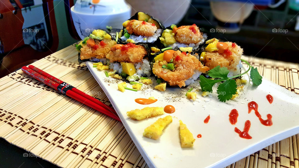 Mango tempura hand rolls