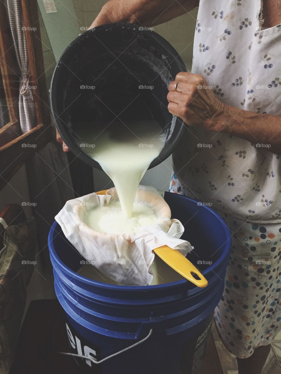 Person filtration the milk into bucket