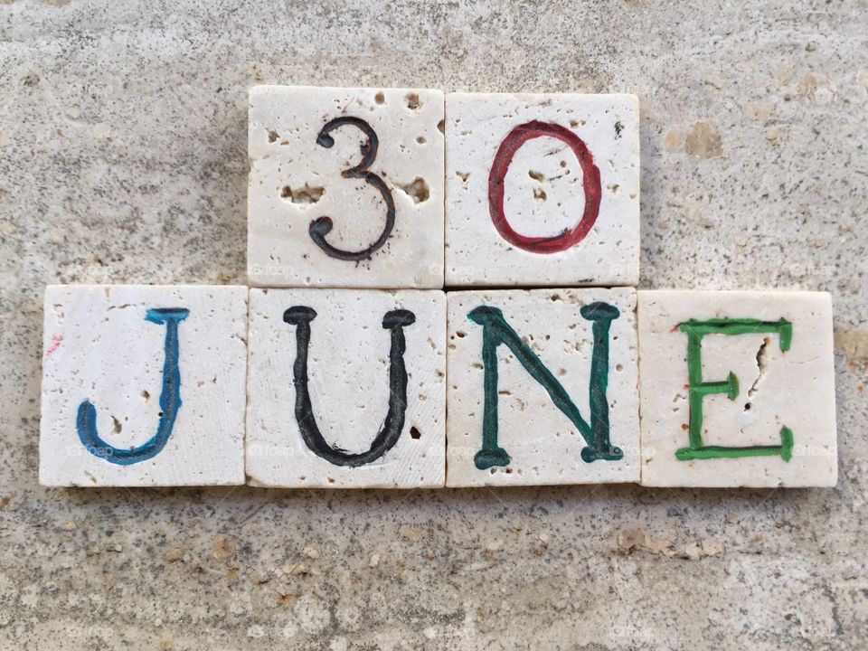 30th June, calendar date. Composition with carved travertine pieces of 30th June, calendar date