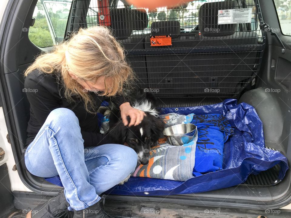 Woman with dog in back of truck SUV 