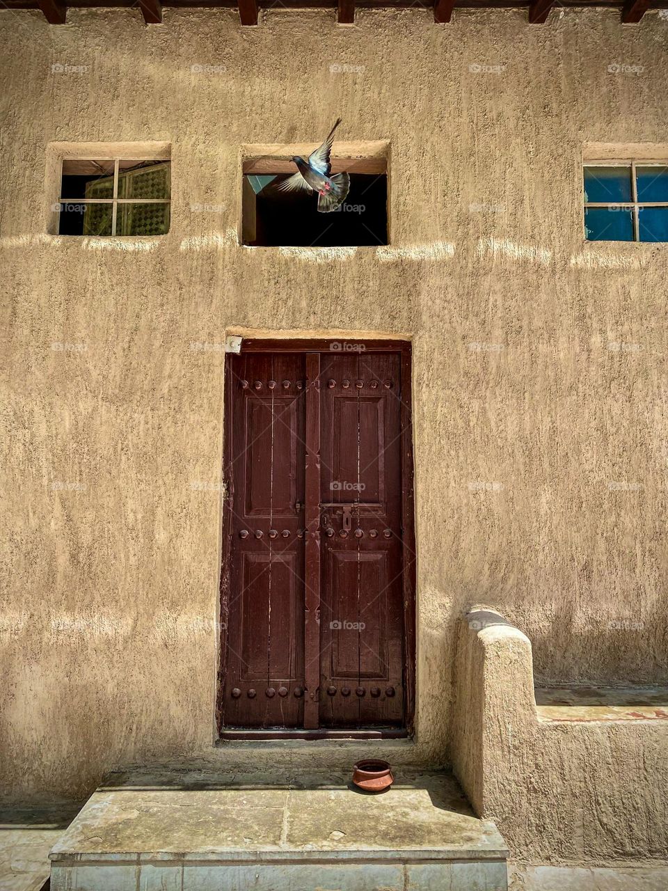“ Flying “This shot was taken at Dubai Village. I was taking pics of the door and suddenly that pigeon came out the tiny window flying making the photo more unique .#Free