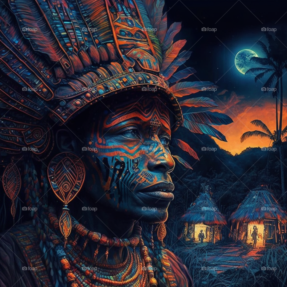 Indian in colorful image looking at horizon.