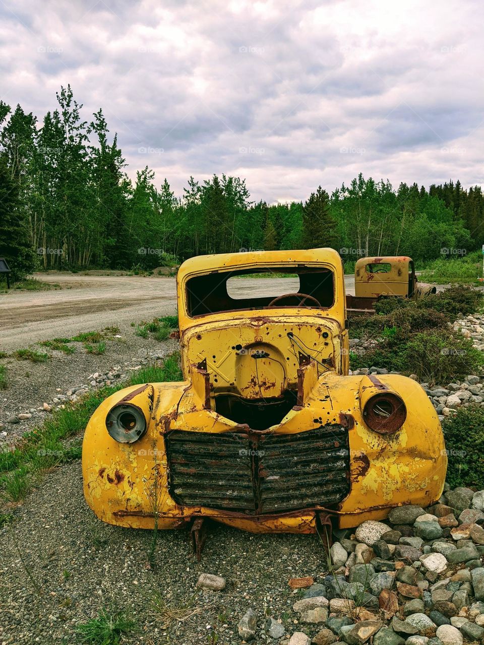 yellow car in Carcross, Yukon.