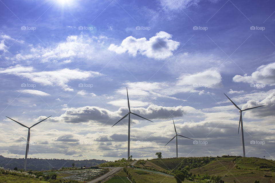 Wind turbines generate electricity on the Moutain at Khao Kho of phetchabun in Thailand.