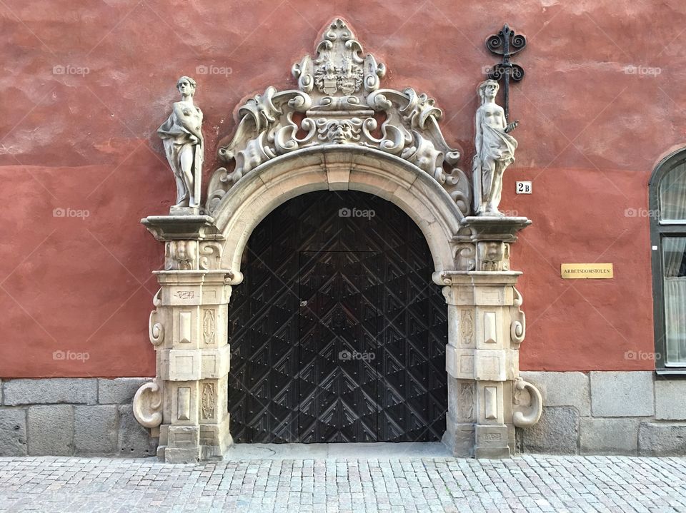 Architecture features of a door on a side street in Stockholm, Sweden. 