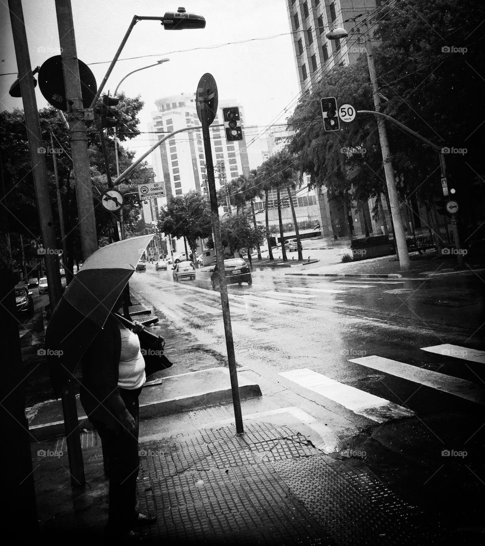 Woman with umbrella in a city rainy day 