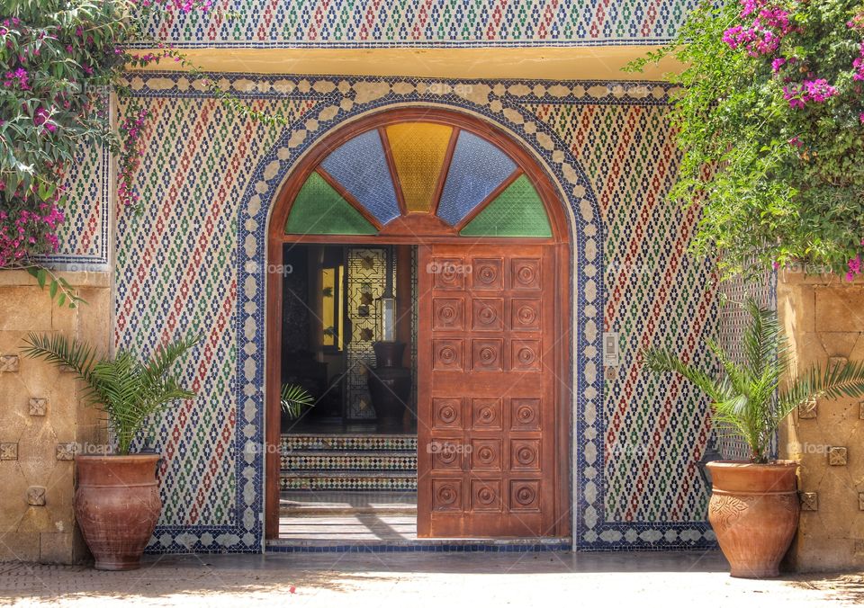 Ornate Moroccan door . Beautiful mosaic door in Essaouira, Morocco