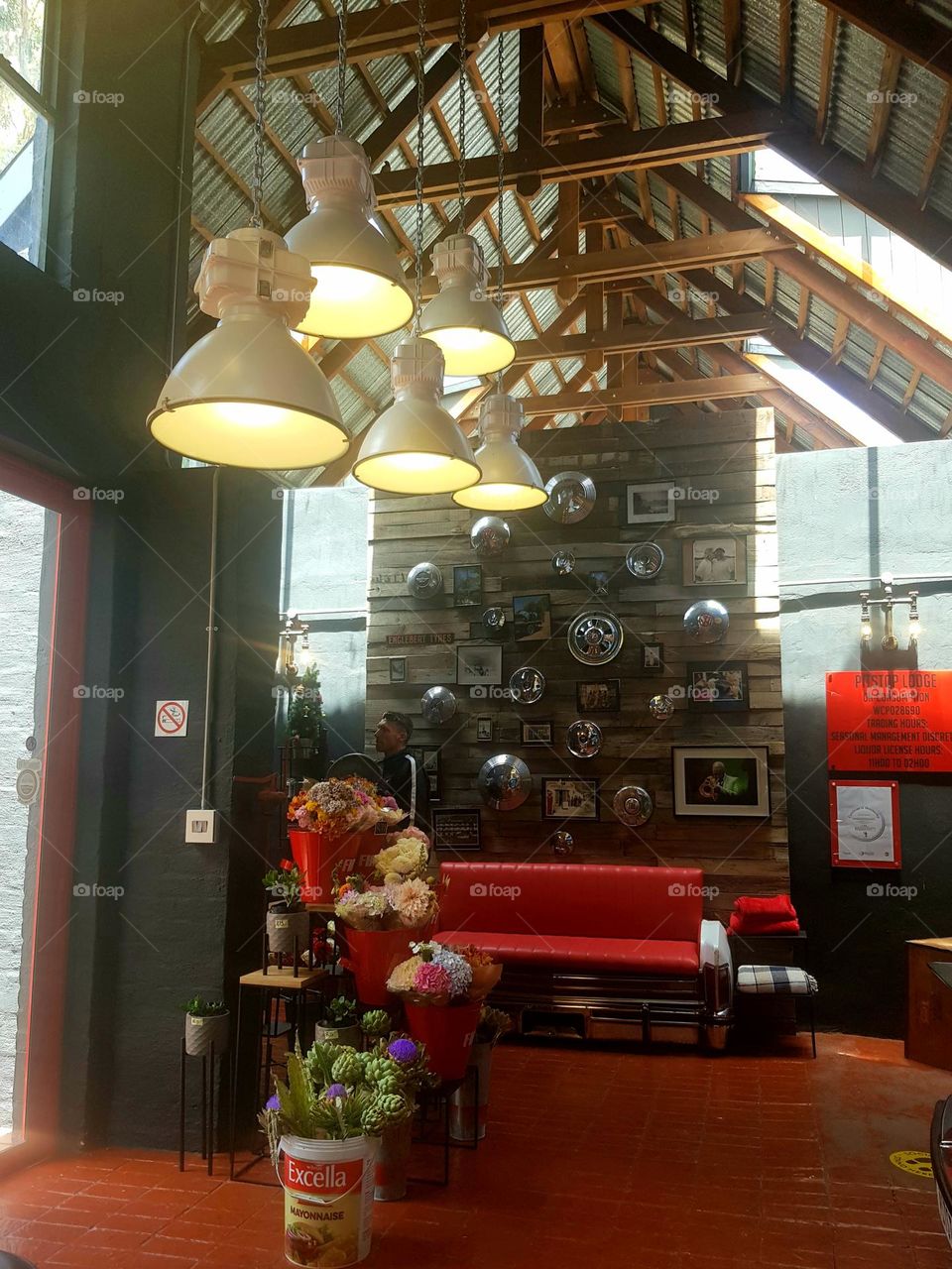 All decorations in this place are car parts including their seating.