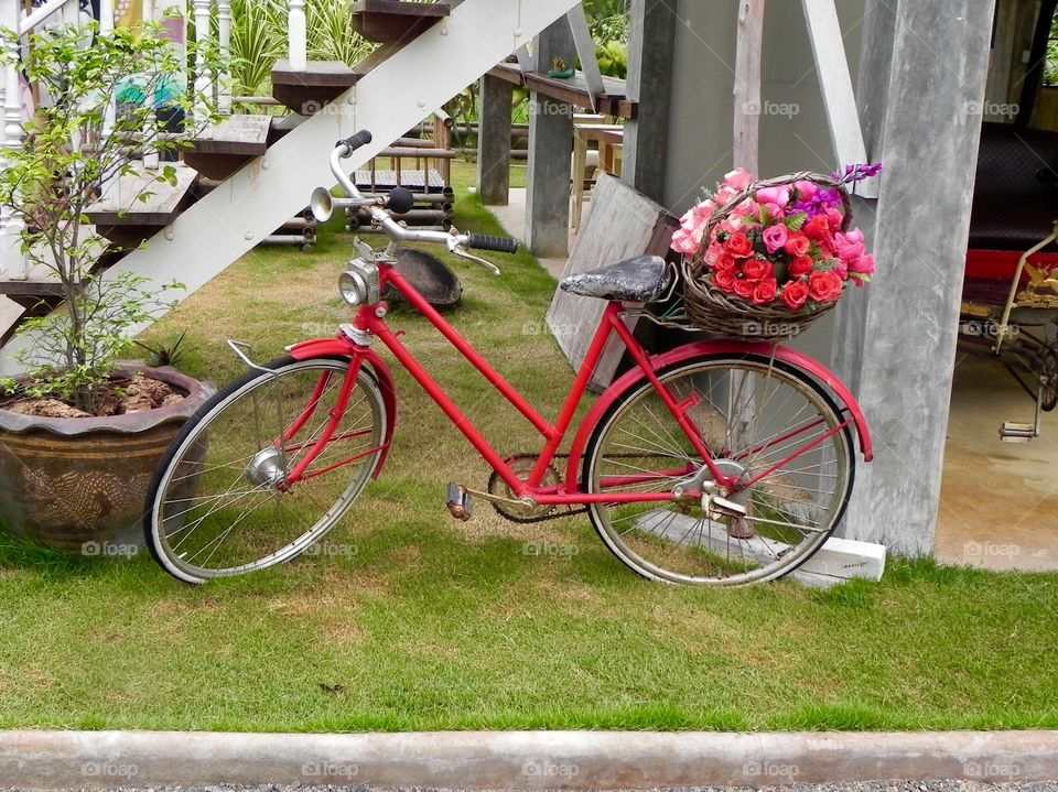 Red bicycle with red flowers 