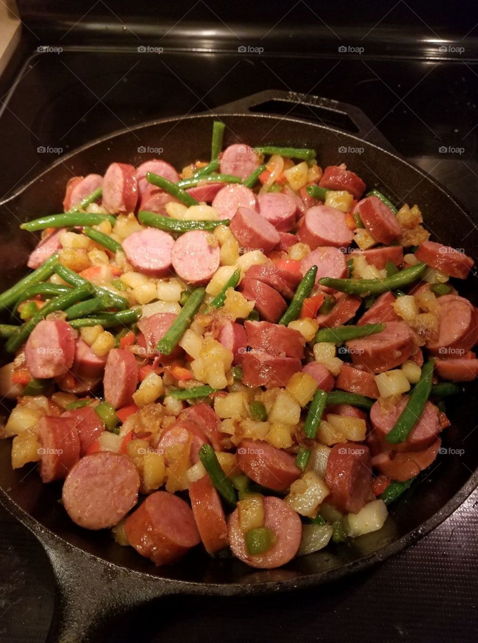 sausage, potato and veggies