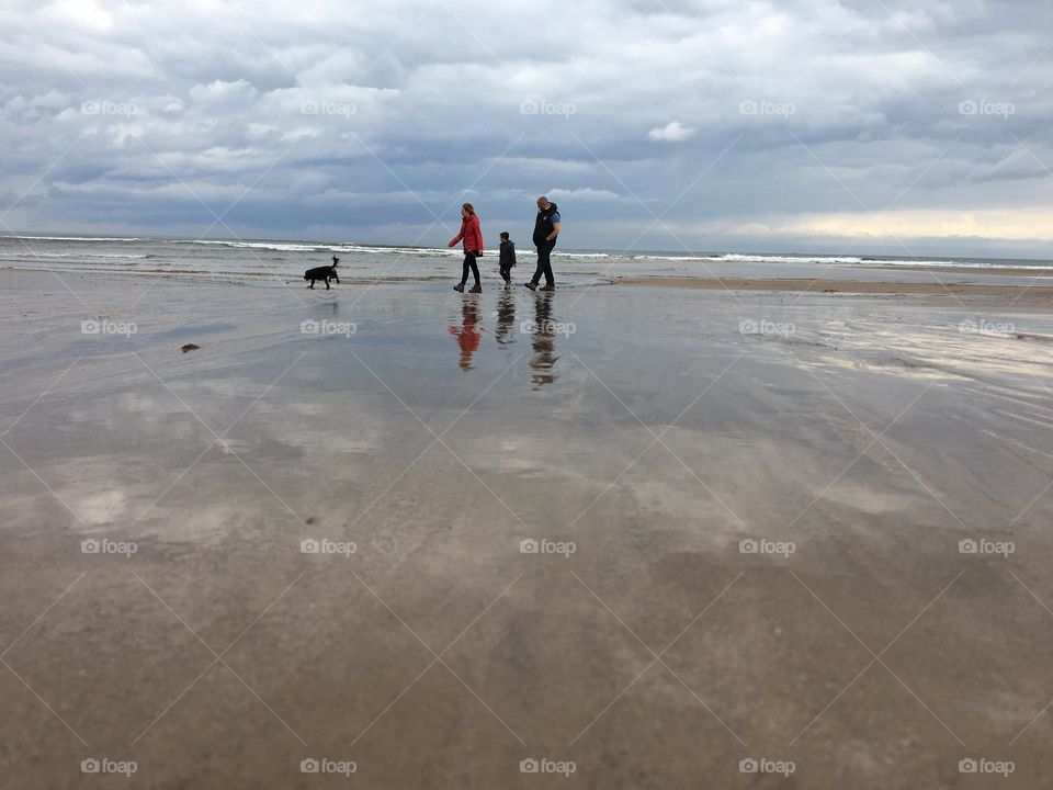 Family walking their dog on the beach 