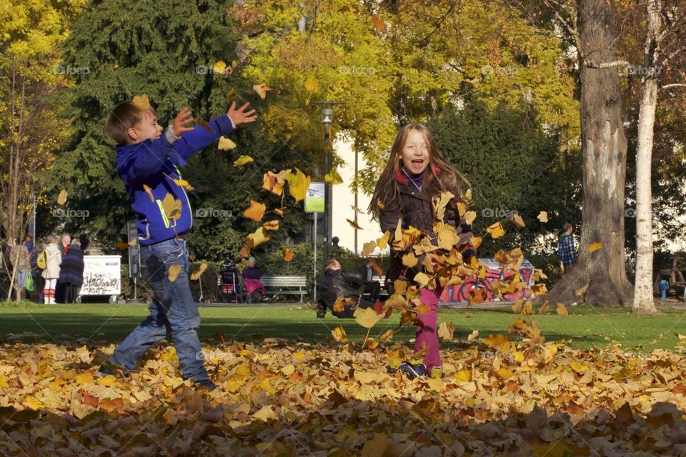 Siblings playing in autumn tree